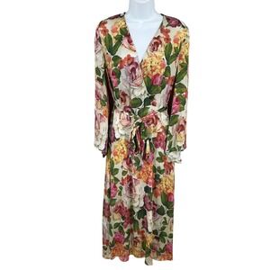 Mango Floral Wrap Maxi Dress Womens Size 8 Multicolor Boho Bell Sleeve Romantic
